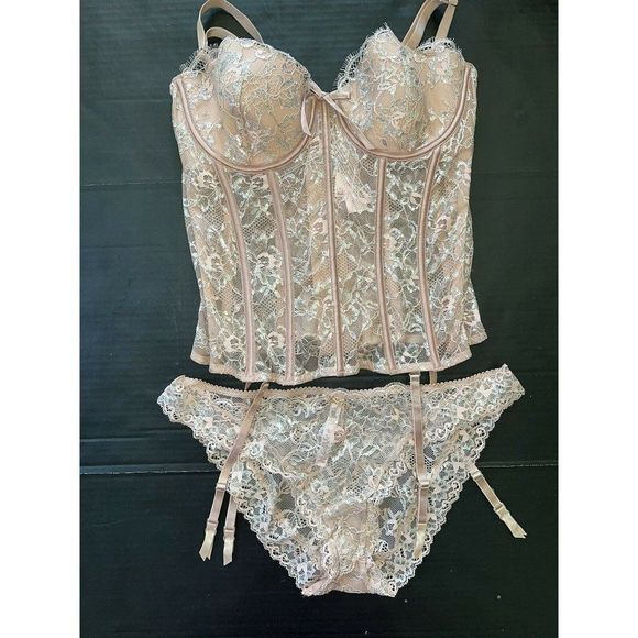 Victoria's Secret 36B,36D,36DD BRA SET+garter CORSET BEIGE SILVER evening blush - Picture 2 of 11